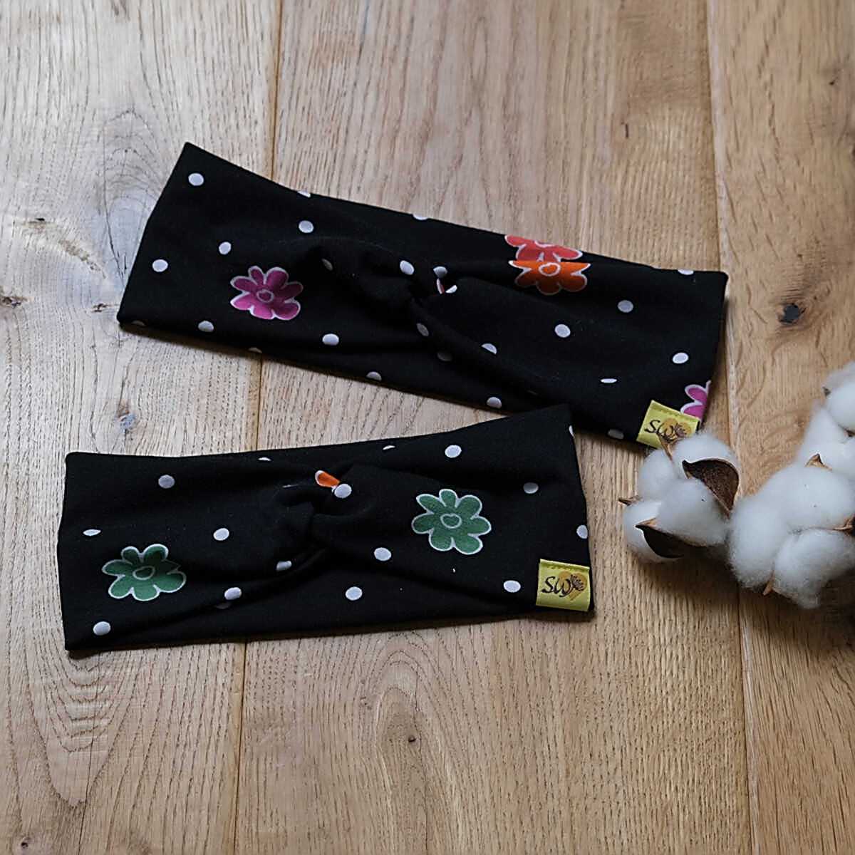 Knotenhaarband "Blumen, schwarz"