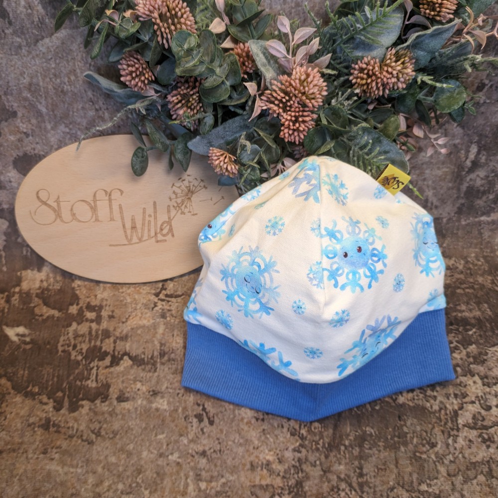 Bündchenhaube mit Schneeflocken aus warmem FrenchTerry / Sommersweat