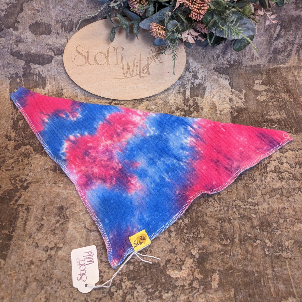 Musselinhalstuch mit Druckknopf, doppellagig zum Wenden mit Batik-Muster in pink und blau