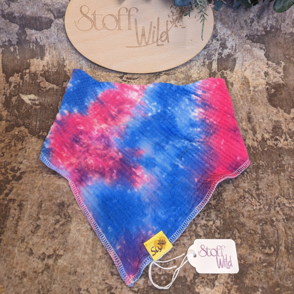 Musselinhalstuch mit Druckknopf, doppellagig zum Wenden mit Batik-Muster in pink und blau