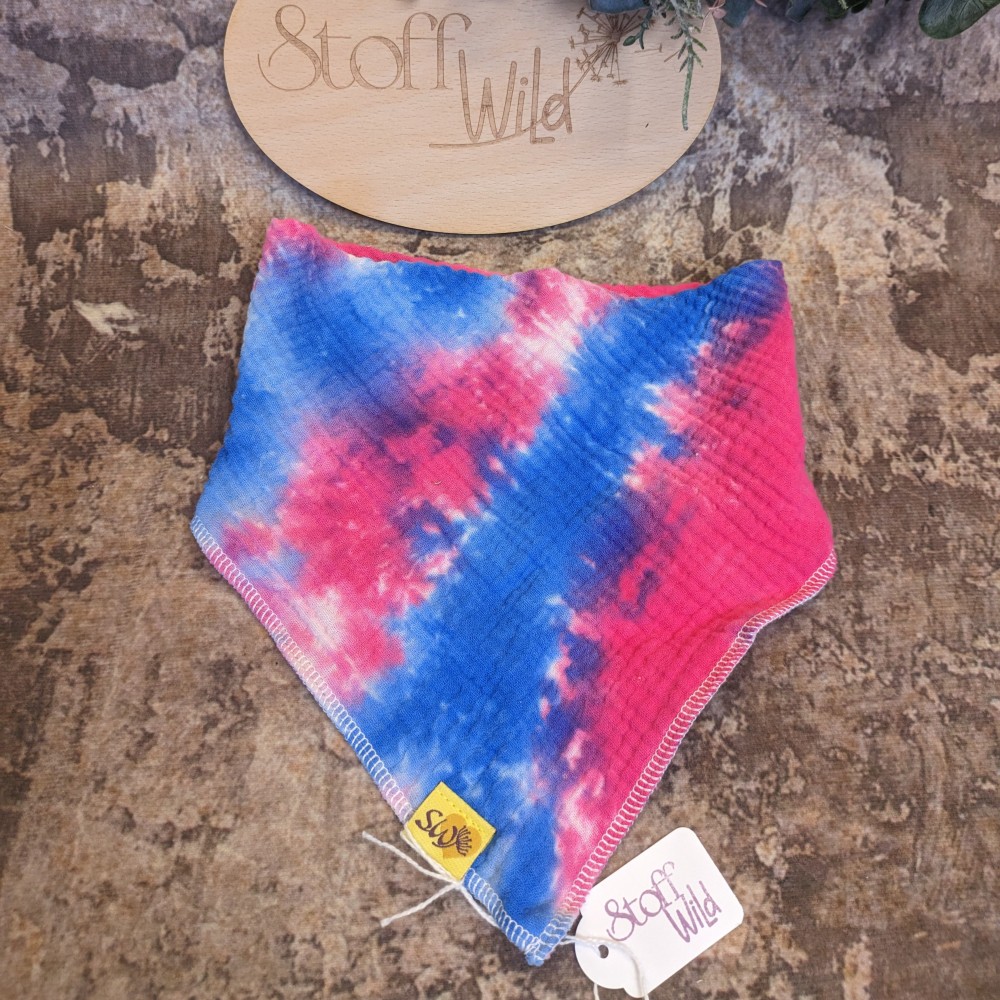 Musselinhalstuch mit Druckknopf, doppellagig zum Wenden mit Batik-Muster in pink und blau