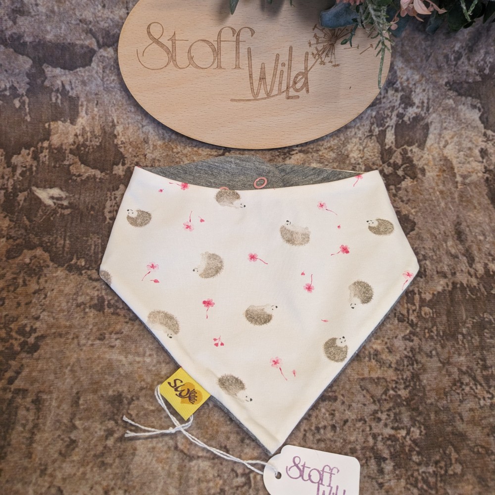 Wendehalstuch aus Jersey mit Igelchen und pinken Blumen und 2 Druckknöpfen