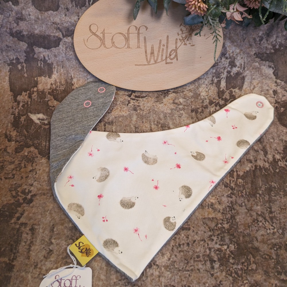 Wendehalstuch aus Jersey mit Igelchen und pinken Blumen und 2 Druckknöpfen