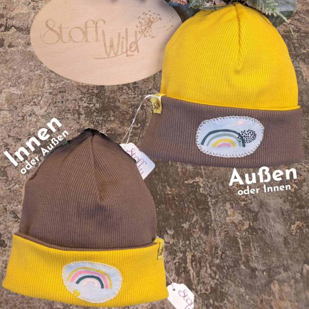 Wende-Beanie aus Ripp-Jersey "Regenbogen" Gr. XS