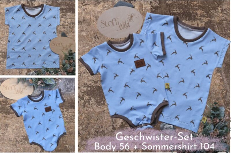 Geschwister-Set bestehend aus Baby-Body und T-Shirt mit Hirsch-Motiv