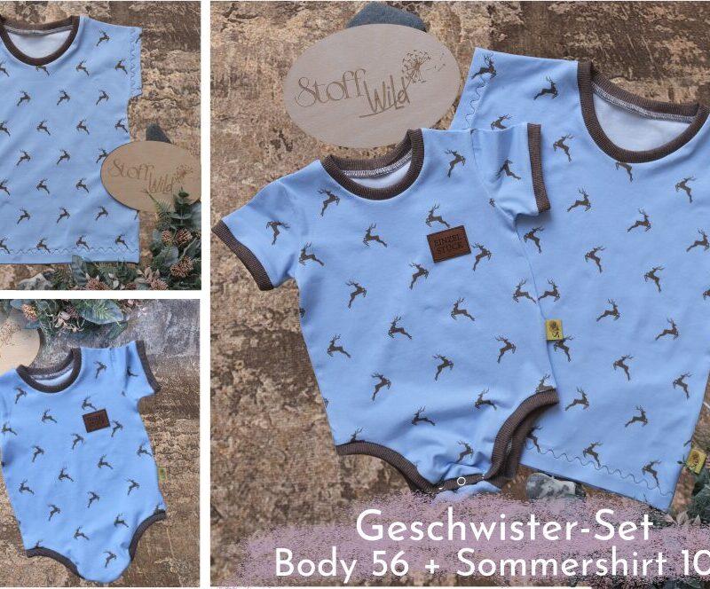 Geschwister-Set bestehend aus Baby-Body und T-Shirt mit Hirsch-Motiv