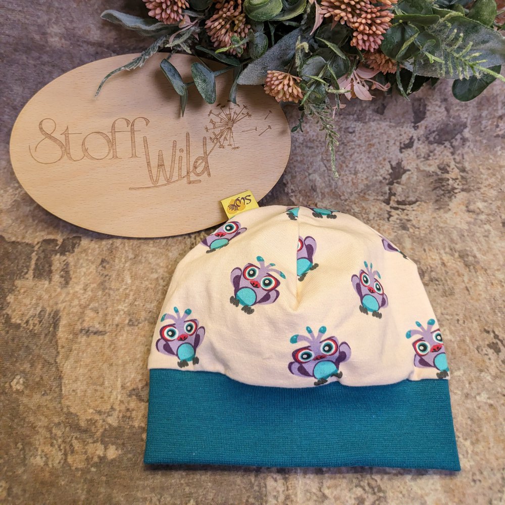Bündchenhaube Eule aus Jersey - mitwachsend