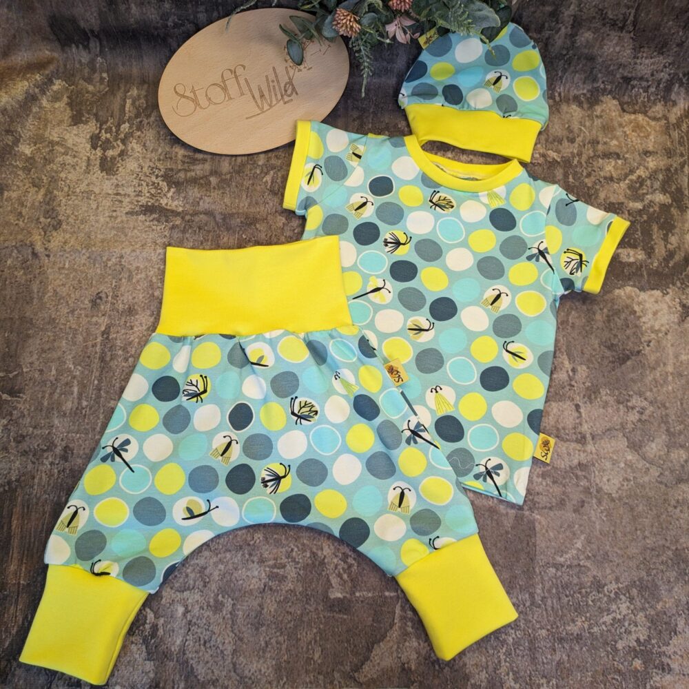 Babyset Käferchen mint, Gr. 56-62, bestehend aus T-Shirt, Bündchenhaube und Pumphose