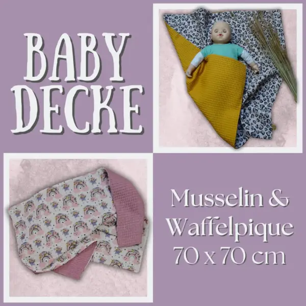 Individuelle Babydecke 70x70 cm aus weichem Musselin, Waffelstoff oder Bio-Baumwolle, doppellagig mit persönlichen Motiven oder Applikationen, handgefertigt als Wickelunterlage, Kuscheldecke oder Geschenk zur Geburt