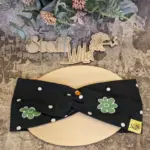 Knoten-Stirnband in Schwarz mit Blumenmuster aus weichem Baumwoll-Jersey, Größen 46–51 cm und 52–58 cm, handgefertigt in Österreich