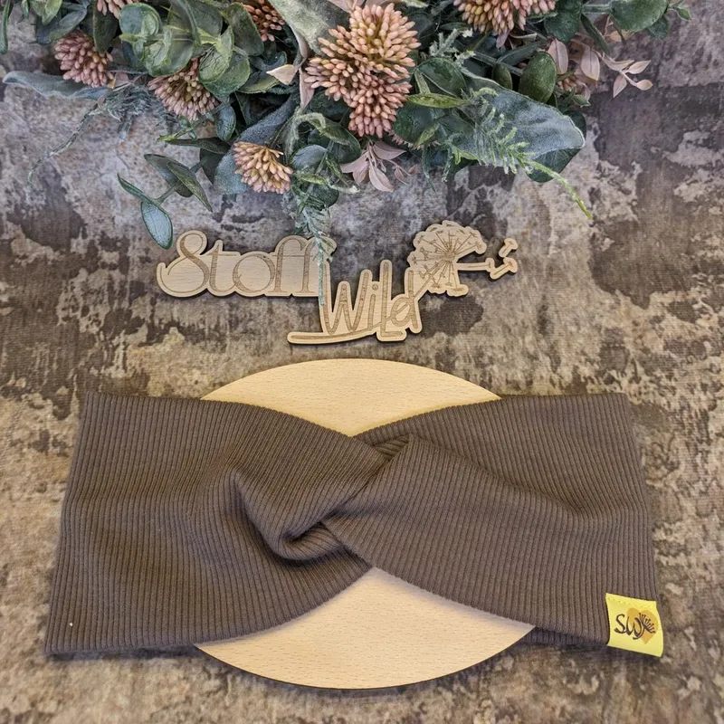 2380-3 Knoten-Stirnband in Warmbraun aus weichem Ripp-Jersey, Kopfumfang 52–59 cm, handgefertigt in Österreich