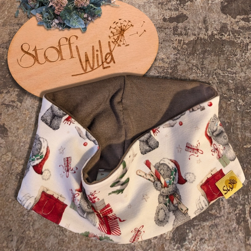 Weihnachtsbären-Stirnband für Kinder in Braun mit Tencel-Innenseite, Kopfumfang 50–54 cm, festliches Bärenmotiv