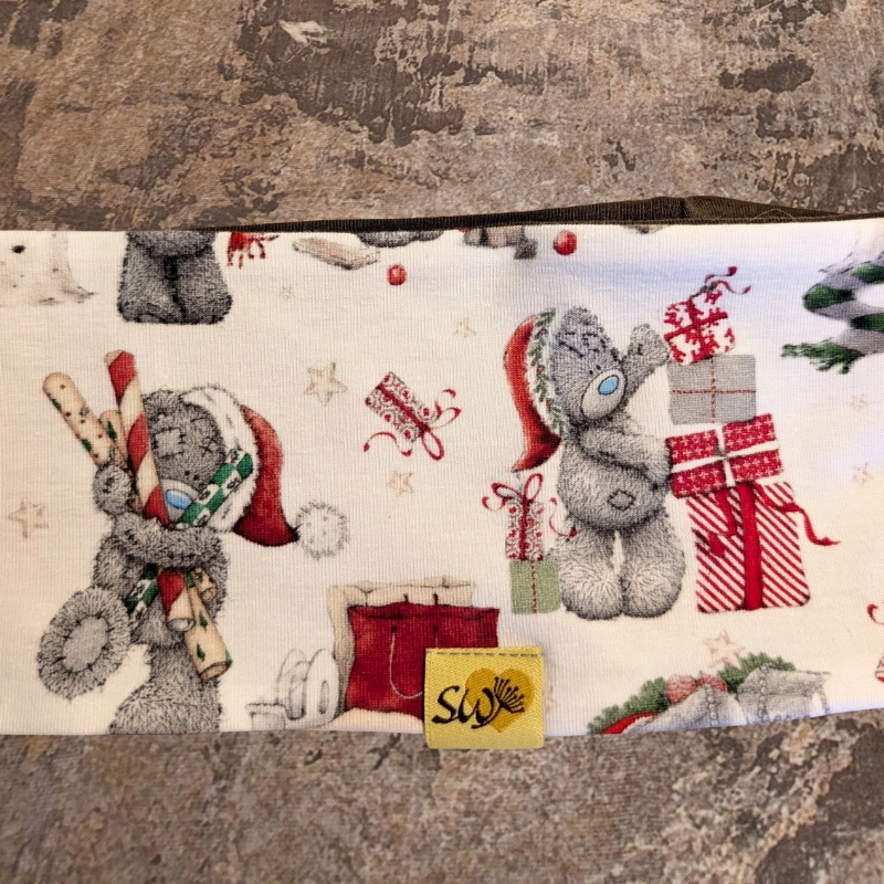Weihnachtsbären-Stirnband für Kinder in Braun mit Tencel-Innenseite, Kopfumfang 50–54 cm, festliches Bärenmotiv
