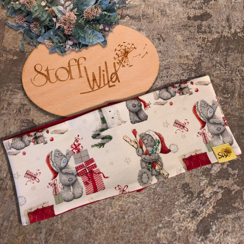 Weihnachtsbären-Stirnband für Kinder in Rot mit Jersey-Innenseite, Kopfumfang 52–56 cm, weihnachtliches Bärenmotiv.