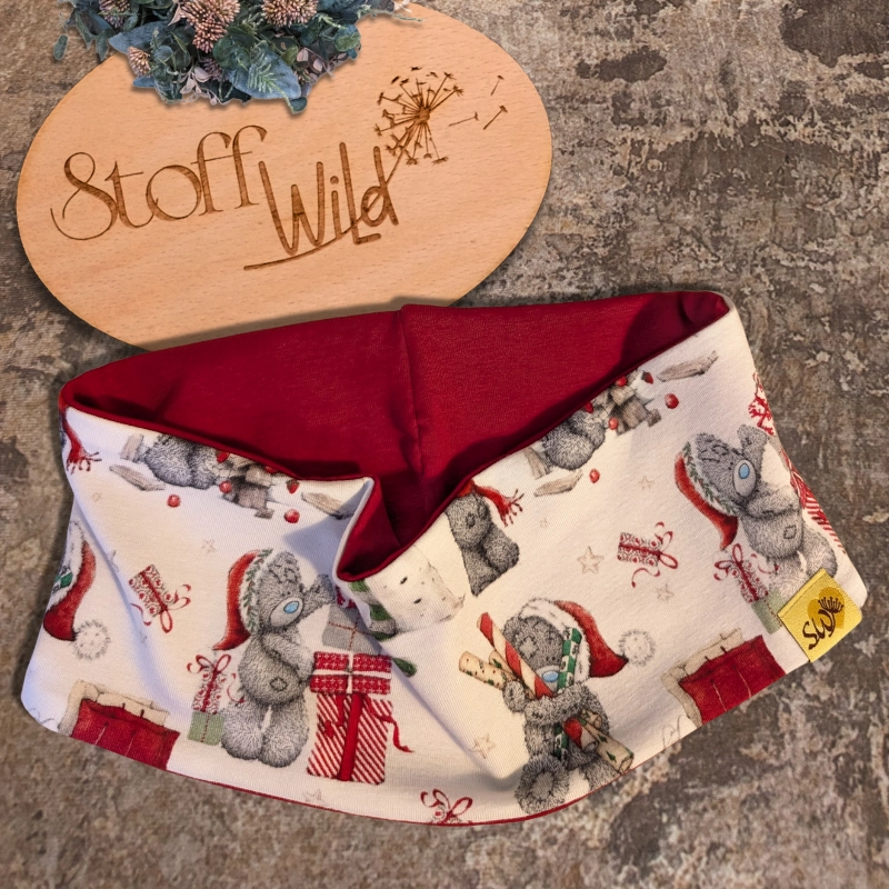 Weihnachtsbären-Stirnband für Kinder in Rot mit Jersey-Innenseite, Kopfumfang 52–56 cm, weihnachtliches Bärenmotiv.