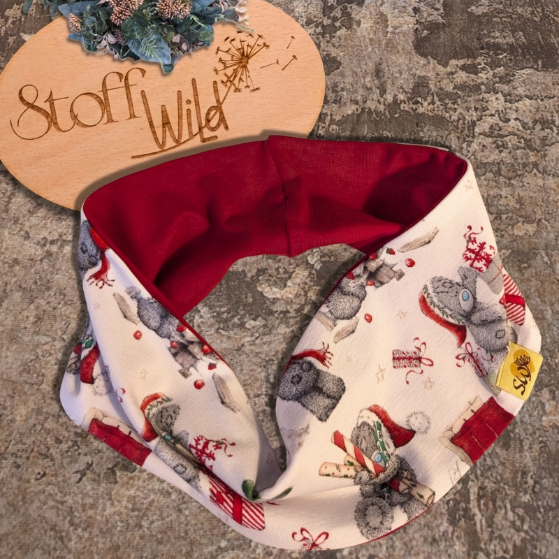 Weihnachtsbären-Stirnband für Kinder in Rot mit Jersey-Innenseite, Kopfumfang 52–56 cm, weihnachtliches Bärenmotiv.
