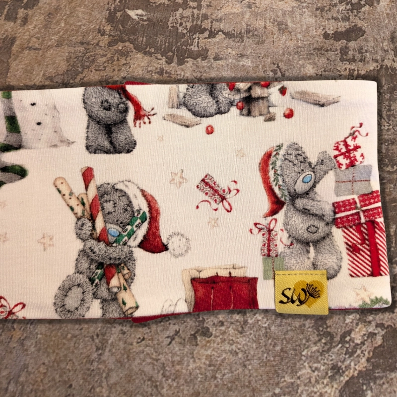 Weihnachtsbären-Stirnband für Kinder in Rot mit Jersey-Innenseite, Kopfumfang 52–56 cm, weihnachtliches Bärenmotiv.