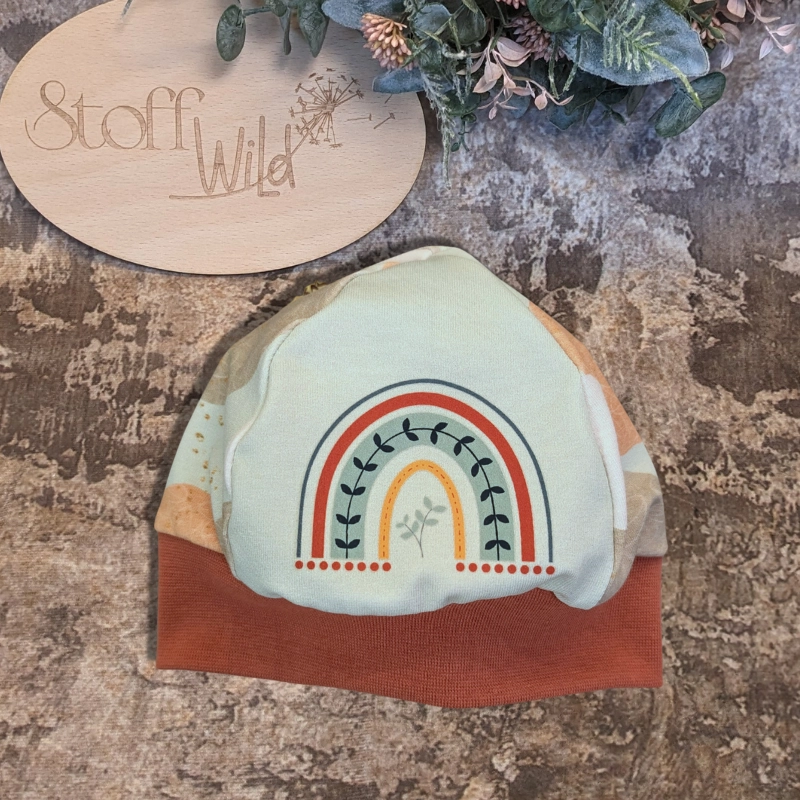 Baby-Set Gr. 68 mit Pumphose in großem Kreis-Muster mint-beige-orange-braun und Mütze mit Regenbogen-Applikation, rostfarbene Bündchen, stoffwindelfreundlich, handgefertigt