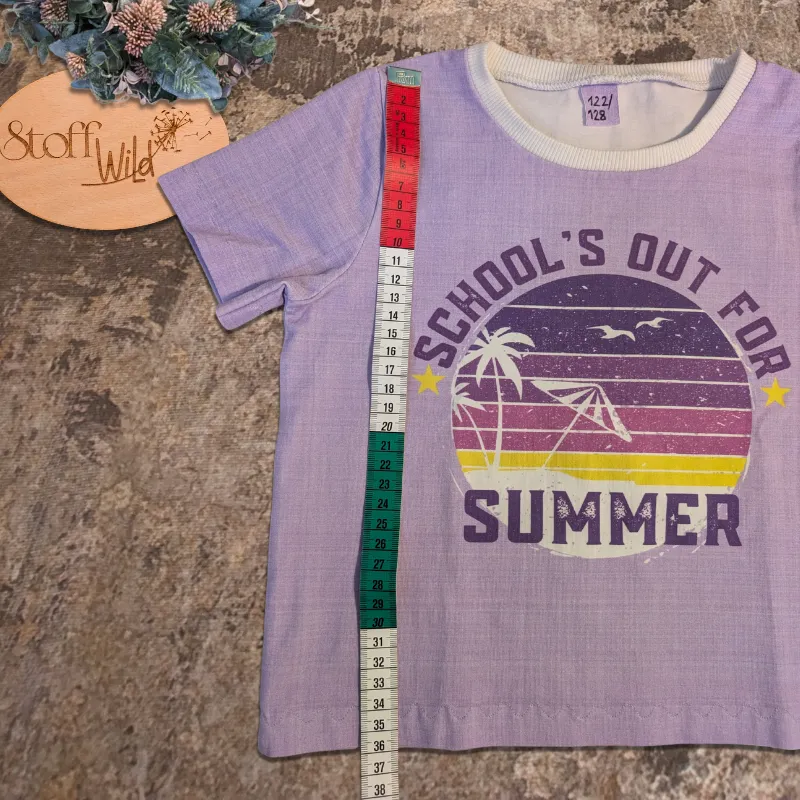 lila Kinder-Sommershirt mit Palmen Gr. 122/128 Cropped Style Länge Schulter